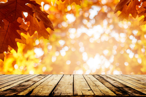 istock Old rustic wooden table with autumn leaves blur background. 1357425192
