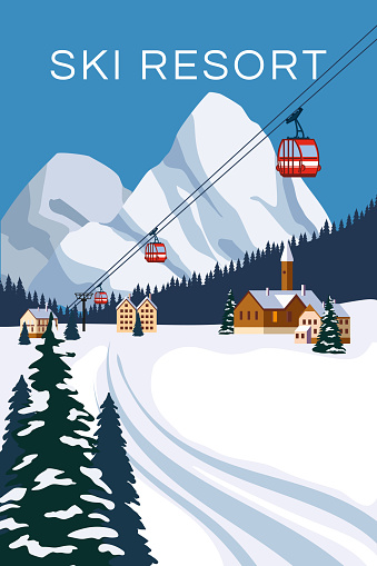 Mountain vintage winter resort village Alps, Switzerland. Snow landscape peaks, slopes with red gondola lift. Travel retro poster, vector illustration flat style