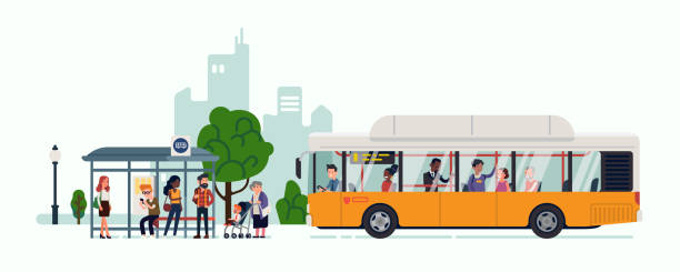 City bus arriving at bus stop City commuters and public transport themed visual with bus with passengers and people waiting and ready to enter the bus public transportation stock illustrations