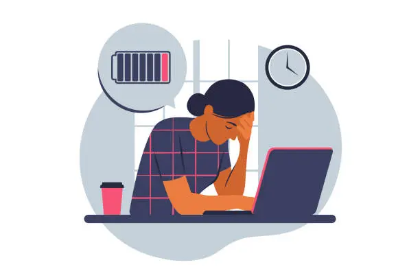 Vector illustration of Professional burnout syndrome. Frustrated worker, mental health problems. Vector illustration. Flat