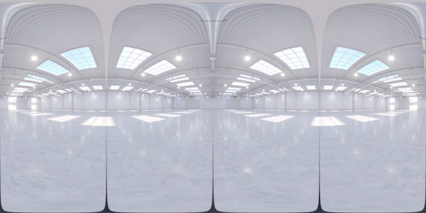 istock Full spherical panorama 360 degrees of empty exhibition space. backdrop for exhibitions and events. Tile floor. Marketing mock up. 3D render illustration 1357425844