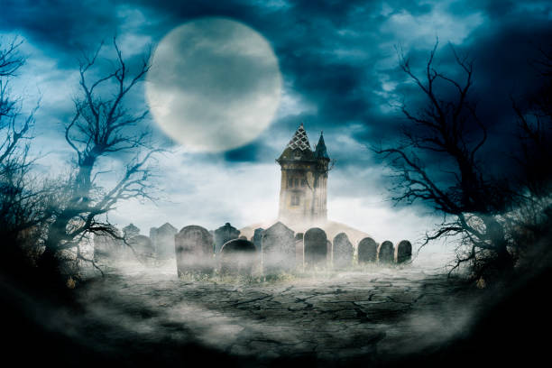 istock Halloween composition design with scary dark forest, haunted house and graveyard. 1357426592