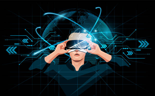 ilustraciones, imágenes clip art, dibujos animados e iconos de stock de concepto de mundo virtual cibernético digital metaverso, hombre sosteniendo gafas de realidad virtual en la interfaz futurista holograma del mundo 3d, ilustración vectorial. - online game