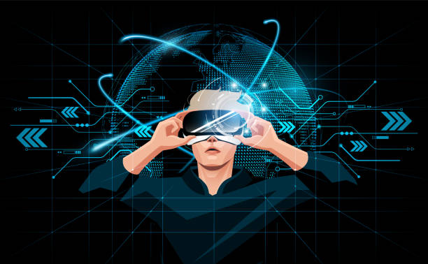 メタバースデジタルサイバー仮想世界概念、未来的なインターフェイス3d世界ホログラム、ベクトルイラスト上の仮想現実メガネを保持する男。 - vr点のイラスト素材／クリップアート素材／マンガ素材／アイコン素材