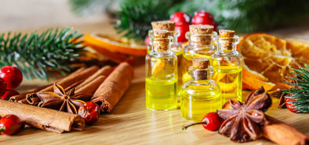 istock Christmas essential oils in a small bottle. Selective focus. 1357429289