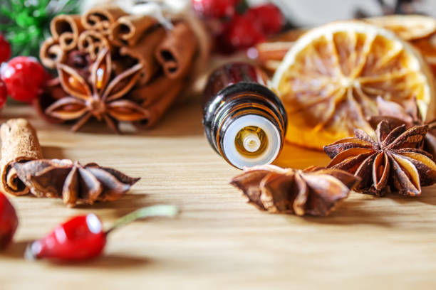 istock Christmas essential oils in a small bottle. Selective focus. 1357429366
