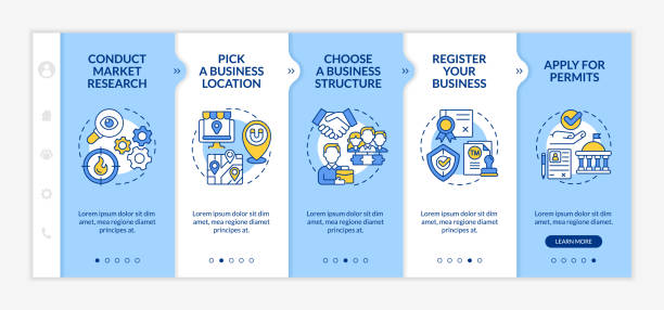 Startup boosting tips onboarding vector template Startup boosting tips onboarding vector template. Apply for permits. Responsive mobile website with icons. Web page walkthrough 5 step screens. Small business color concept with linear illustrations education registration event stock illustrations