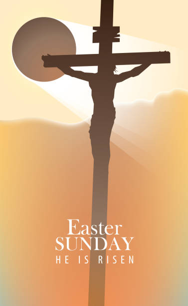 Easter banner with jesus christ crucified on cross Easter banner or greeting card with the silhouette of the cross with the crucified Jesus Christ. Vector illustration on a religious theme in beige colors with inscription Easter SUNDAY, He is risen what mountain was jesus crucified on stock illustrations