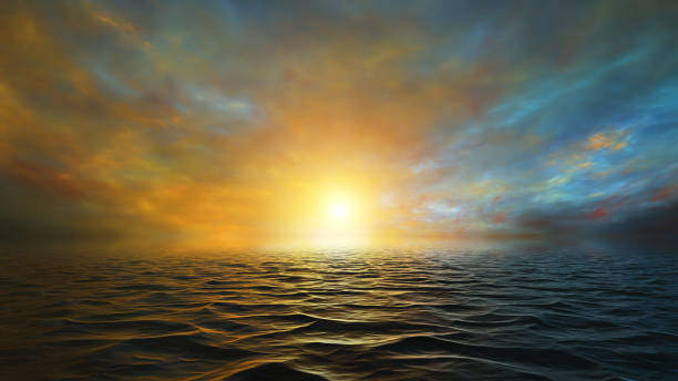 istock Fantasy sunset sunrise on sea panorama, bright beautiful sunset colored clouds. Reflection sky and sun at dawn in water. Sun set over horizon at sunset 1357429833