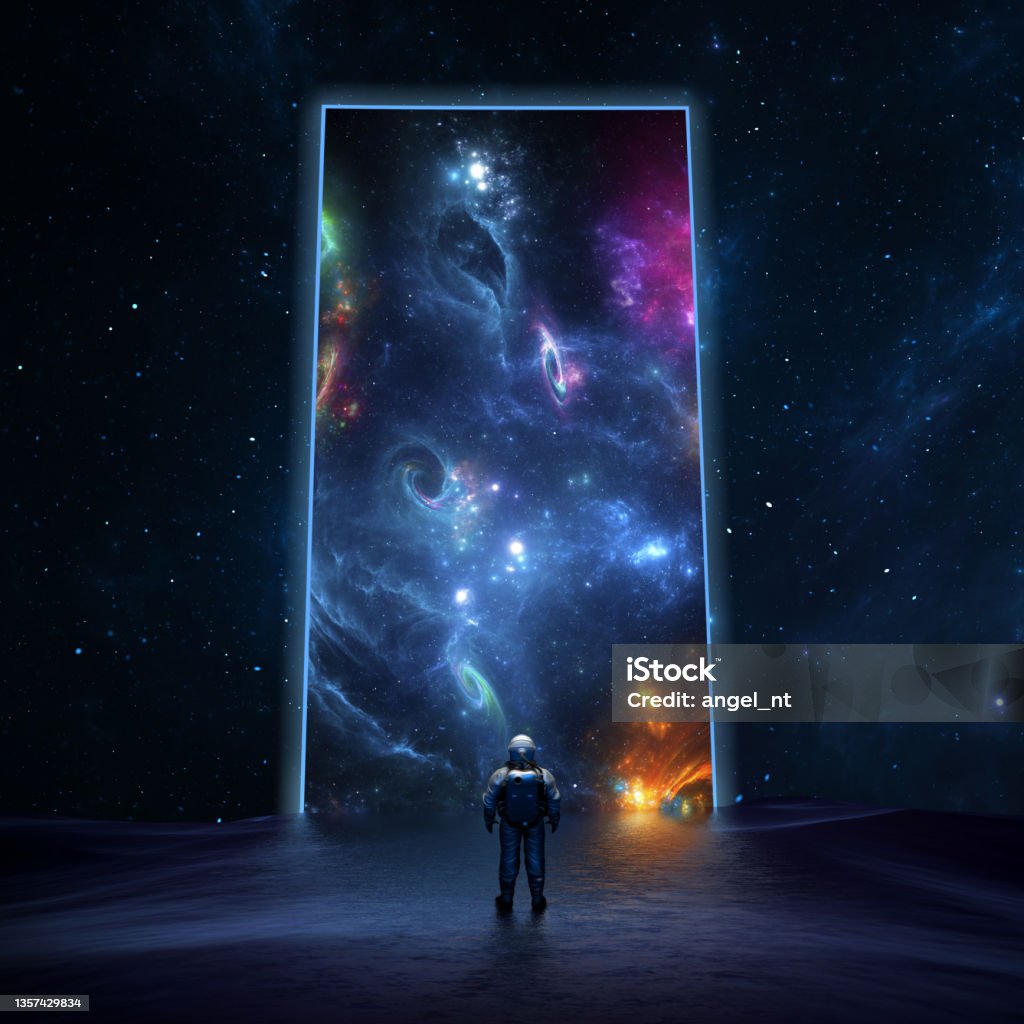Astronaut cosmonaut discovery of new worlds of galaxies, fantasy portal to far universe. Astronaut space exploration, gateway to another universe. 3d render Door Stock Photo