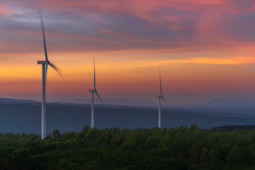 Evening natural landscape view of wind turbine electrical energy plant on Khao Yai Thiang, Thailand natural landscape