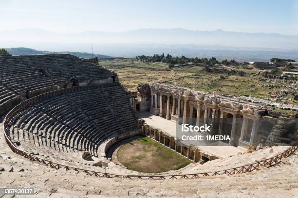 Hierapolis Theatre Panorama In Pamukkale Stock Photo - Download Image Now - Amphitheater, Hierapolis, Ancient