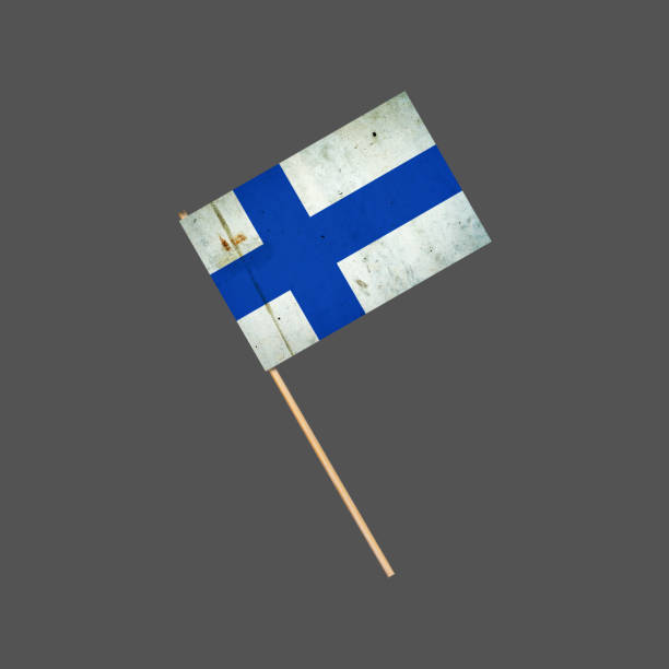 istock Finland grunge flag on a stick. Isolated on a gray background. Design element. Signs and Symbols. 1357431207