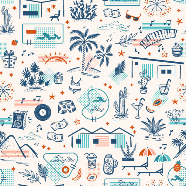 Summer Vacation theme. Palm Springs, California architecture and nature. Holiday homes, pools, beach, palm trees, hills, tropical plants, food, drinks and other leisure items. Vector Seamless Pattern Summer Vacation theme. Palm Springs, California architecture and nature. Holiday homes, pools, beach, palm trees, hills, tropical plants, food, drinks and other leisure items. Vector Seamless Pattern cocktail patterns stock illustrations