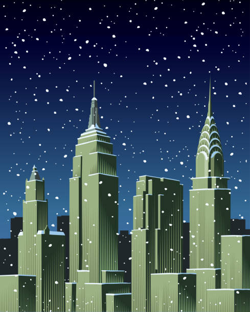 New York City in Winter New York’s famous skyline in Retro crosshatch style. Winter, Snow, snowflake, ice, cold, snowdrift, frost, Christmas, empire state building stock illustrations