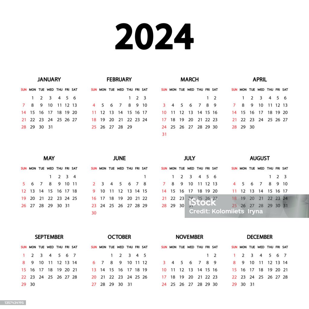 Calendrier 2024 Année La Semaine Commence Dimanche Modèle De