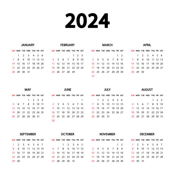 kalendarz 2024 rok. tydzień rozpoczyna się w niedzielę. szablon rocznego kalendarza angielskiego 2024. szablon pionowy papeterii w prostym, minimalistycznym designie. orientacja pionowa - grudzień stock illustrations