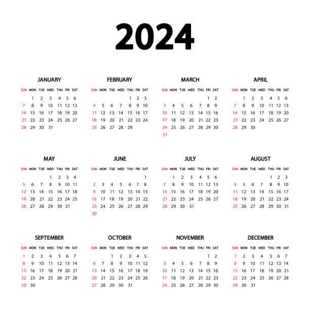 Calendar 2024 year. The week starts Sunday. Annual English calendar 2024 template. Stationery vertical template in simple, minimal design. Portrait orientation Calendar 2024 year. The week starts Sunday. Annual English calendar 2024 template. Stationery vertical template in simple, minimal design. Portrait orientation. Vector 2024 stock illustrations