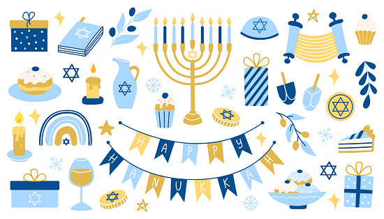 Hanukkah set. Collection of vector colorful flat Hanukkah symbols with menorah, coins, donuts.