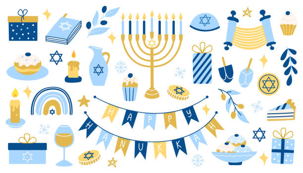 Hanukkah set. Collection of vector colorful flat Hanukkah symbols with menorah, coins, donuts Hanukkah set. Collection of vector colorful flat Hanukkah symbols with menorah, coins, donuts. hannukkah stock illustrations