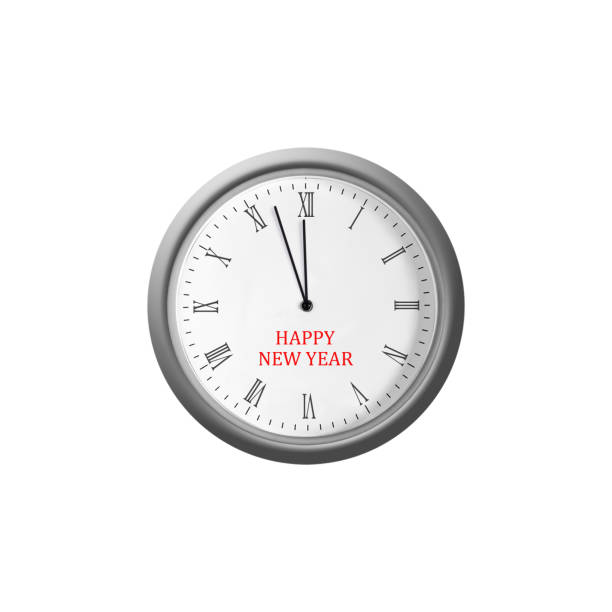 reloj con flechas a las 12 en punto. aislado sobre un fondo blanco. elemento de diseño para el año nuevo. celebraciones. - new years eve clock time arrow 12 hours fotografías e imágenes de stock