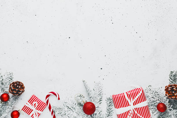 istock Christmas and New Year flat lay with two red white present gift boxes top view 1357436455