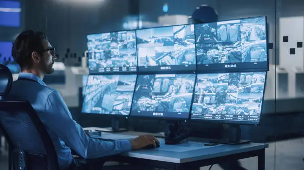 Photo of Industry 4.0 Modern Factory: Security Operator Controls Proper Functioning of Workshop Production Line, Uses Computer with Screens Showing Surveillance Camera Feed. High-Tech Security