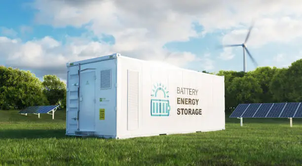 Photo of concept of a modern high-capacity battery energy storage system in a container located in the middle of a lush meadow with a forest in the background. 3d rendering