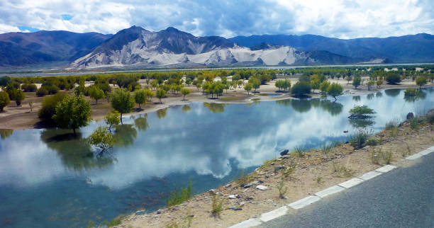 Plateau river and meadow under sunny sky