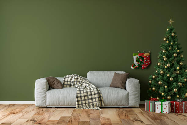 istock Empty simple living room with gray sofa, Christmas tree and gifts 1357439097