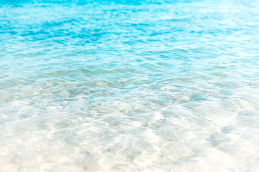 Close up aerial view of crystal clear turquoise sea and soft blue ocean waves, white foam on golden sandy tropical island summer beach, holidays border frame concept background, copy space