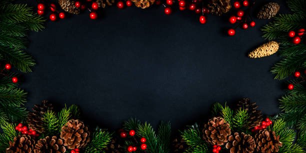 Christmas frame with holiday garland on black background. Christmas frame with holiday garland on black background. Top view. Traditional new year eve festive design with fir tree and pine cone from above. Celebration party invitation layout banner. christmas pine cone frame branch stock pictures, royalty-free photos & images