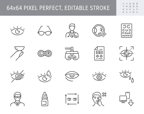 illustrations, cliparts, dessins animés et icônes de icônes de ligne d’ophtalmologie. l’illustration vectorielle comprend l’icône - lentille de contact, globe oculaire, lunettes, cécité, vérification oculaire, pictogramme de contour pour l’équipement d’optométriste. 64x64 pixel parfait, trai - glasses