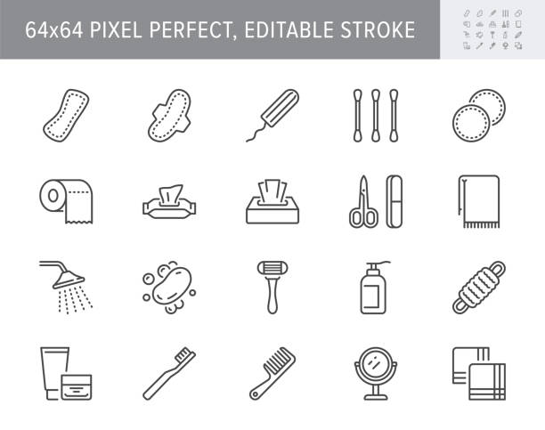 Hygiene line icons. Vector illustration include icon - shower, soap, towel, toilet paper, tissue, sponge, handkerchiefs, cream outline pictogram for toiletries. 64x64 Pixel Perfect, Editable Stroke Hygiene line icons. Vector illustration include icon - shower, soap, towel, toilet paper, tissue, sponge, handkerchiefs, cream outline pictogram for toiletries. 64x64 Pixel Perfect, Editable Stroke. cotton swab stock illustrations