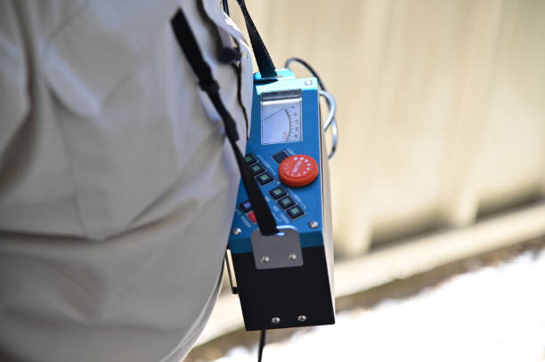 Professional water leak detector using subsurface instruments stock photo