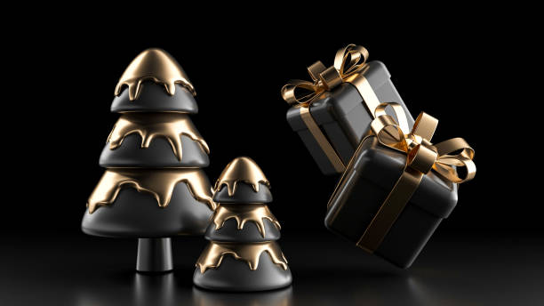 istock Modern, Trendy Black And Golden Christmas Tree And Gift Boxes - 3D Illustration 1357441838