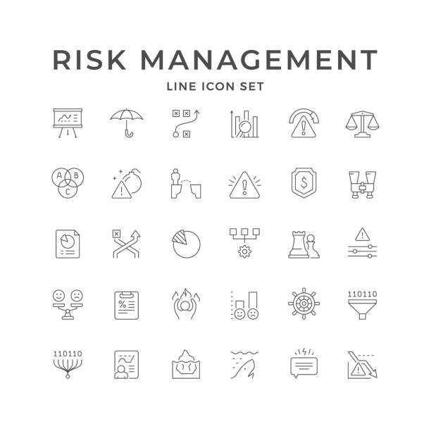 illustrazioni stock, clip art, cartoni animati e icone di tendenza di impostare le icone di linea della gestione del rischio - vulnerabilità