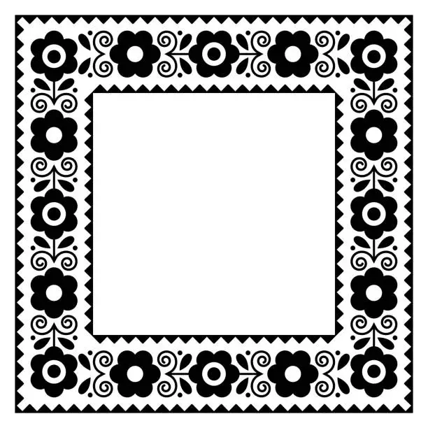 Vector illustration of Polish floral folk art rectangle frame vector design in 5x7 format, perfect for greeting card or wedding invitation in black and white