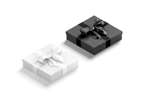 Blank black and white flat gift box with ribbon mockup Blank black and white flat gift box with ribbon mockup, 3d rendering. Empty cardboard festive case with bow for dress mock up, isolated, side view. Clear square decorative packaging template. unusual basket stock pictures, royalty-free photos & images