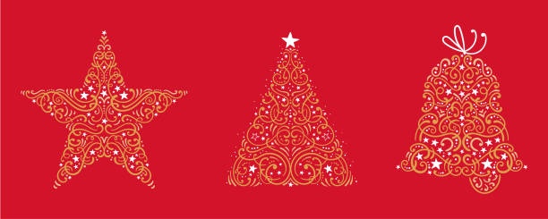 элегантные элементы рождественской открытки, прекрасный винтажный дизайн, отлично подходят для принтов, баннеров, обоев - векторный дизайн - christmas season christmas tree nostalgia stock illustrations