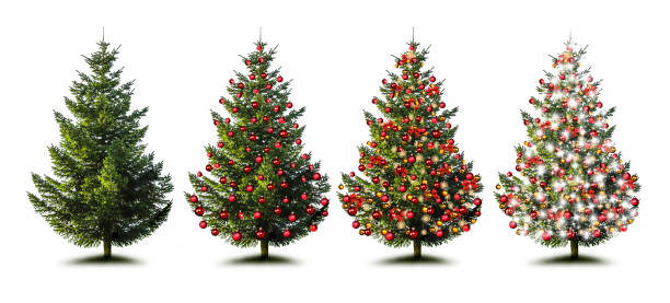 árvore de natal com decoração de natal colorida - decorada e não decorada - undecorated - fotografias e filmes do acervo