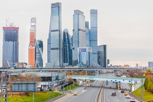 cityscape skyscraper building highway Moscow city district business transport .concept urban.Russia,Moscow, 16okt2021