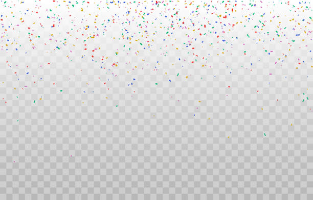 Celebration template with confetti. Colorful ribbons. Luxury greeting card. Falling festive tiny confetti. Rainbow confetti on white background. Great festive overlay template. transparent. Celebration template with confetti. Colorful ribbons. Luxury greeting card. Falling festive tiny confetti. Rainbow confetti on white background. Great festive overlay template. Vector on transparent. confetti stock illustrations