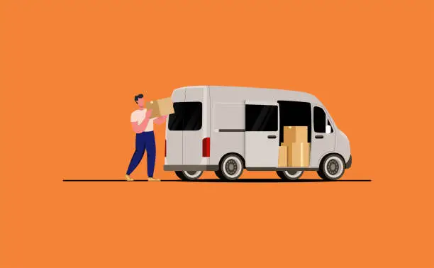 Vector illustration of Seal the package with sticky tape. Package Express.Delivery person with cargo van