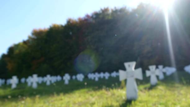 istock Cemetery with white crosses on a sunny day. 1357450135