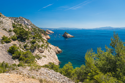 Calanque of l'Erevine with a view on the island, on the coastal path, the old custums trail, between Niolon and Mejan near Marseille