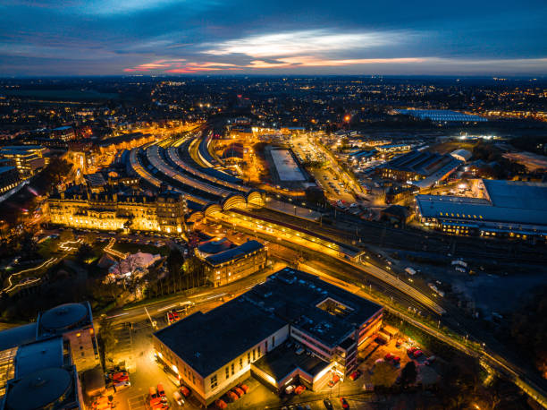 Aerial view of York Railway Station at night Aerial view of York Railway Station at night york yorkshire stock pictures, royalty-free photos & images