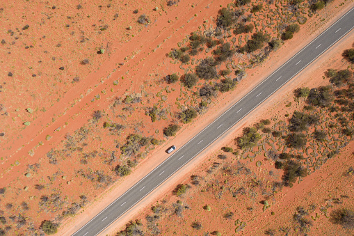 Shot with a drone in the middle of Australia while driving the car.