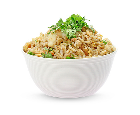 fried rice with shrimp in white chalice isolate on white background