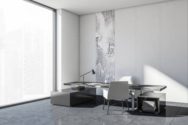 istock Corner view on bright office room interior with desk, armchairs 1357454396
